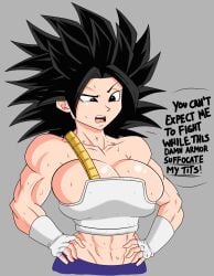 1girls alternate_breast_size armor big_boobs big_tits black_hair black_hair_female breast_squish breasts caulifla dialogue dragon_ball dragon_ball_super english english_text female_only female_saiyan huge_breasts lewdyartz muscular muscular_female saiyan solo solo_female solo_focus stomach sweat text tongue