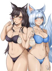 2girls absurdres animal_ears atago_(azur_lane) azur_lane bare_shoulders barefoot black_bra black_hair black_panties blue_bra blue_eyes blue_hair blue_panties blush bra breasts cleavage collarbone commentary condoms cowboy_shot cum deliciousbra dog_ears fox_ears highres holding kaga_(azur_lane) light-skinned_female light_skin long_hair looking_at_viewer multiple_girls navel panties sakura_empire_(azur_lane) simple_background smile standing stomach thighs underwear used_condoms very_long_hair white_background white_condoms yellow_eyes