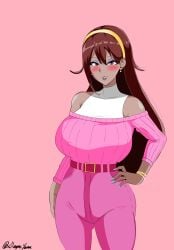 1girls absurd_res big_breasts blush brown_hair clothes dark-skinned_female dark_skin female female_only hairband hand_on_hip long_hair looking_at_viewer makeup pink_background red_eyes senpaiyama smiling smiling_at_viewer solo tsona_(nyantcha)