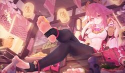 1girls 2d 2d_(artwork) alternate_version_available anklet black_legwear blush blushing clothed clothing detailed_background digital_media_(artwork) feet female female_only food food_on_feet food_play foot_fetish foot_focus genshin_impact highres holding_shoes icecake large_filesize legwear light-skinned_female light_skin pink_hair shoes_removed sitting soles solo solo_female solo_focus stirrup_legwear thick_thighs toes yae_miko