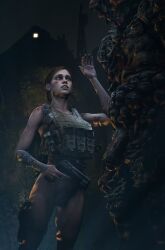 10mm_pistol 1girls 3d 3d_(artwork) aged_up armor backpack bag bloater bloater_(the_last_of_us) bottomless brown_hair bulletproof_vest casual ellie_(the_last_of_us) ellie_williams female firearm gun handgun human knife legwear monster naughty_dog older pale_skin penis pistol pussy_hair rust8 skinny soldier source_filmmaker tattoo the_last_of_us the_last_of_us_2 tomboy topwear vest weapon