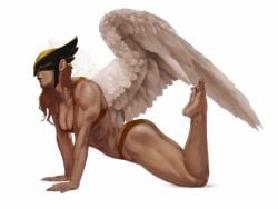 1girls abs dc dc_comics dima_ivanov female female_focus female_only hawkgirl hawkman_(series) mask masked masked_female muscles muscular_female pinup posing red_hair redhead simple_background solo solo_female solo_focus white_background white_wings wings