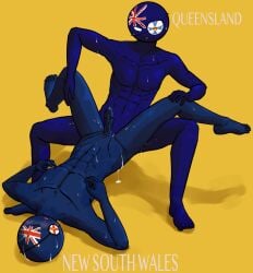 2boys australian blue_body blue_skin countryhumans gay male/male new_south_wales_(statehumans) queensland_(statehumans) simple_background statehumans yaoi yellow_background