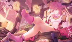 1girls 2d 2d_(artwork) alternate_version_available anklet blush clothed clothing detailed_background digital_media_(artwork) feet food food_on_feet food_play foot_fetish foot_focus genshin_impact highres icecake large_filesize light_skin low-angle_view pink_footwear pink_hair pink_socks shoes_removed sitting socks soles solo solo_female solo_focus thick_thighs yae_miko
