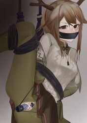 absurdres ao_oni_(onioni-aoi) arknights arms_behind_back black_skirt blush bondage bound bound_arms brown_eyes brown_hair censored clitoral_stimulation deer_antlers deer_girl dildo egg_vibrator female firewatch_(arknights) gag gagged gradient_background green_jacket grey_background grey_sweater highres improvised_gag jacket jewelry leg_up long_hair looking_at_viewer miniskirt mole mole_under_eye necklace object_insertion open_clothes open_jacket pantyhose pleated_skirt ponytail pussy rope sex_toy skirt solo standing standing_on_one_leg sweater torn_clothes torn_pantyhose v-shaped_eyebrows vaginal_object_insertion vaginal_penetration vibrator