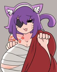 1girls animal_ears areolae bandages big_breasts cat_ears catgirl cleavage doodle eyepatch grey_background light-skinned_female mob_face nipple_slip notnoe_(dxcl) oc original_character purple_hair request sarashi tail tattoo whiskers