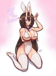 1girls arm_under_breasts big_breasts brown_hair bunny_ears bunny_pose bunnysuit detached_collar female female_only florazarts hi_res horns kneeling legwear light-skinned_female light_skin long_hair looking_at_viewer mana_(florazarts) necktie oni oni_horns pointy_ears pose purple_eyes side-tie_bikini smiling smiling_at_viewer solo toeless_legwear white_legwear wrist_cuffs year_of_the_rabbit