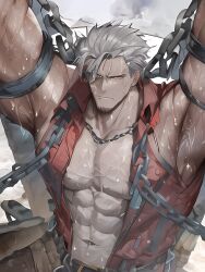 1boy abs ai_generated bara bare_pectorals biceps bondage bound bound_wrists chained chains covered_abs cuffs handcuffs large_pectorals male male_focus muscular muscular_male navel nipples pectorals red_jacket sleeveless solo stable_diffusion sweat thighs wet