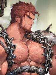 1boy abs ai_generated bara bare_pectorals beard biceps bound bound_wrists broken broken_chain brown_hair chain_necklace chained chains chest_hair chest_harness collar completely_nude cuffs cum_on_boy cum_on_pectorals facial_hair hair_strand hairy handcuffs happy_sex harness large_pectorals male_focus mature_male metal_collar muscular muscular_male navel_hair nipples pectoral_grab pectoral_press pectorals prison_clothes short_hair sideburns slave solo solo_male stable_diffusion stomach stubble thick_thighs thighs topless_male upper_body yaoi