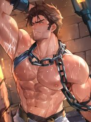 1boy abs ai_generated bara bare_pectorals belt biceps bound brown_hair bulge chained chains chest_harness collar covered_abs cuffs embers facial_hair fire handcuffs harness large_pectorals male_focus mature_male muscular muscular_male navel nipples pants pectorals short_hair solo stable_diffusion stomach stubble sweat thick_thighs thighs topless_male wet yaoi