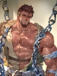 1boy abs ai_generated bara bare_pectorals beard biceps bound bound_wrists broken broken_chain brown_hair chain_necklace chained chains chest_hair chest_harness collar completely_nude cuffs cum_on_boy cum_on_pectorals facial_hair hair_strand hairy handcuffs happy_sex harness large_pectorals male_focus mature_male metal_collar muscular muscular_male navel_hair nipples pectoral_grab pectoral_press pectorals prison_clothes short_hair sideburns slave solo solo_male stable_diffusion stomach stubble thick_thighs thighs topless_male upper_body yaoi