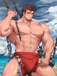 1boy abs ai_generated bara bare_pectorals biceps bound bound_wrists brown_hair bulge chained chains chest_hair chest_harness collar completely_nude couple cowboy_shot cuffs cum cum_in_clothes cum_on_boy cum_on_pectorals ejaculation erection erection_under_clothes facial_hair feet_out_of_frame hair_strand handcuffs happy_sex harness large_pectorals male_focus male_swimwear muscular muscular_male navel navel_hair nipples pectorals penis penis_peek sex shackles short_hair sideburns solo solo_focus stable_diffusion stomach swim_briefs testicles thick_thighs thighs topless_male underwear water wet yaoi