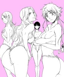 5girls ass big_breasts black_hair bleach breast_envy breasts facing_away facing_viewer female female_only hana_(interstice) highres inoue_orihime jealous jealousy kotetsu_isane kuchiki_rukia kurotsuchi_nemu long_hair looking_at_another matsumoto_rangiku multiple_girls no_bra simple_background voluptuous