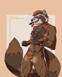 absurd_res anthro big_bulge bodily_fluids body_hair bulge chest_hair cigar clothing digital_media_(artwork) drooling flaccid fur genital_fluids genitals guardians_of_the_galaxy happy_trail harness hat headgear headwear hi_res jockstrap leaking_precum leather leather_daddy looking_at_viewer madfen male male_only mammal marvel muscular muscular_anthro muscular_male musk musk_clouds navel nipples pecs penis precum precum_through_clothing procyonid raccoon rocket_raccoon saliva simple_background smoke smoking solo tongue tongue_out underwear wet wet_clothing