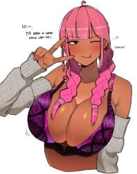 1girls :p arm_sleeves bangs big_breasts blunt_bangs blush bra cleavage dark-skinned_female dark_skin dialogue english_text enormous_breasts female female_only huge_breasts looking_at_viewer massive_breasts narrowed_eyes ohasi pink_(ohasi) pink_hair smiling smiling_at_viewer solo talking_to_viewer twin_braids v_sign wavy_mouth white_background wink winking_at_viewer