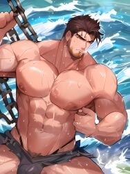 1boy abs ai_generated bara bare_pectorals biceps body_hair bound bound_wrists broken broken_chain brown_eyes brown_hair bulge chained chains chest_hair chest_harness collar completely_nude couple cuffs facial_hair forked_eyebrows hair_strand handcuffs hook large_pectorals long_sideburns male male_focus male_only mature metal_collar muscular muscular_male naked navel navel_hair nipples nude pectoral_press pectorals pool prison_clothes shackles short_hair sideburns slave solo solo_male stable_diffusion stomach stubble swim_briefs thick_thighs thighs topless topless_male upper_body water wet yaoi