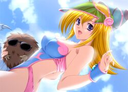 :d back bangs bare_shoulders blonde_hair blue-eyes_white_dragon blue_eyes breasts brown_fur casual_one-piece_swimsuit circle_epion cleavage cloud creature dark_magician_girl day dragon duel_monster dutch_angle facial_mark female fingernails gem hat holding kuriboh large_breasts long_fingernails long_hair looking_at_viewer looking_back monster one-piece_swimsuit open_mouth outdoors pointing profile see-through sky smile standing sunglasses swimsuit wizard_hat wristband yu-gi-oh! yu-gi-oh!_duel_monsters