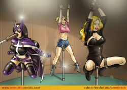 3girls batman_(series) big_breasts birds_of_prey black_canary black_hair blonde_hair blowjob bondage boots breasts captured captured_heroine captured_villainess choker clothed costume dc dc_comics dinah_lance erenisch fellatio female female_only femsub fishnet_pantyhose fishnets green_arrow_(series) harleen_quinzel harley_quinn helena_bertinelli high_heel_boots huntress_(dc) knee_boots multiple_girls multiple_subs one_bar_prison oral restrained sex_machine sex_toy superheroine suspended_in_midair suspension torn_clothes villainess