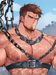 1boy abs ai_generated bara bare_pectorals beard biceps bound bound_wrists broken broken_chain brown_hair chain_necklace chained chains chest_hair chest_harness collar completely_nude cuffs cum_on_boy cum_on_pectorals facial_hair hair_strand hairy handcuffs happy_sex harness large_pectorals male male_focus mature_male metal_collar muscular muscular_male navel_hair nipples pectoral_grab pectoral_press pectorals prison_clothes short_hair sideburns slave solo solo_male stable_diffusion stomach stubble thick_thighs thighs topless_male upper_body yaoi