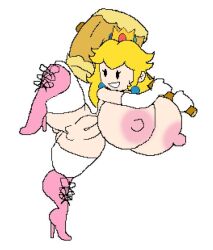 1girls alternate_breast_size breasts_bigger_than_head exposed_breasts exposed_nipples exposed_pussy female female_only full_body hammer high_heel_boots high_heels holding_hammer holding_weapon keelgabeytheart large_breasts leg_lift mario_(series) paper_mario paper_peach princess_peach simple_background solo standing standing_on_one_leg weapon white_background