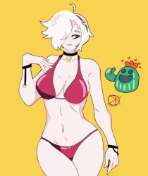 1boy 1girls big_ass big_breasts bikini bikini_bottom bikini_top bracelets brawl_stars cactus choker colette_(brawl_stars) headband hearts_around_head looking_at_another looking_at_partner nose_bleed red_bikini red_eyes smile spike_(brawl_stars) supercell thick_thighs white_hair yellow_background