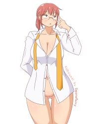 1girls alternate_version_available ass_visible_through_thighs big_breasts bottomless breasts brown_eyes cleavage deonefairy eyewear female female_only glasses hair kobayashi miss_kobayashi's_dragon_maid red_hair shirt solo solo_female thighs topwear white_shirt yellow_tie