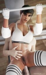 1boy 3d abs anal black_eyes black_hair bleached bleached_clothing blender bra clothing dark-skinned_female dark_skin female female_pubic_hair fingerless_gloves gloves high_resolution interracial legwear looking_away male muscle muscular_female overwatch pharah pharah-best-girl pubic_hair self_upload sex sports_bra sportswear thighhighs white_legwear white_thighhighs workout_clothes workout_sex