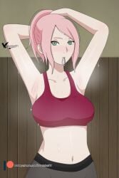 1girls adjusting_hair after_exercise agung911 armpits arms_behind_head bare_shoulders boruto:_naruto_next_generations female female_only fully_clothed green_eyes hairband leggings long_hair midriff milf naruto naruto_(series) object_in_mouth pink_hair sakura_haruno soaked solo solo_focus sports_bra sweat sweatdrop sweaty tying_hair upper_body workout_clothes