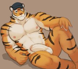 1boy anthro balls bara belly black_stripes cap clothing echo_(series) echo_project felid feng_yaolin fur gay genitals half-erect hat headgear headwear hi_res humanoid_genitalia humanoid_penis inner_ear_fluff male mammal muscular muscular_male nipples nude orange_body orange_fur pantherine pecs penis pink_nipples red_nose rojoslushy round_ears smile solo stripes the_smoke_room tiger tuft vein veiny_penis white_body white_fur