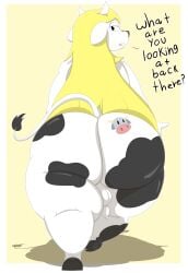 2023 absurd_res anthro ass backsack balls big_butt biped black_body black_eyes blonde_hair bloocherrypie border bovid bovine butt_focus cattle cock-tail dialogue emoji english_text flaccid foreskin furry futanari genitals gynomorph hair hi_res holstein_friesian_cattle huge_butt huge_thighs humanoid_genitalia humanoid_penis intersex looking_at_viewer looking_back looking_back_at_viewer mammal markings multicolored_body nude open_mouth penis rear_view simple_background snessie_(nya4) standing talking_to_viewer text thick_thighs two_tone_body unretracted_foreskin white_body white_border wide_hips yellow_background