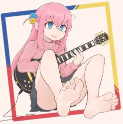 1girls barefoot blue_eyes bocchi_the_rock! bottomless clothed clothing convenient_censoring electric_guitar feet female female_only foot_fetish foot_focus gotou_hitori guitar hair_ornament legs les_paul long_hair looking_at_viewer musical_instrument pale_skin pink_hair sitting skirt softhanten soles solo thighs toes