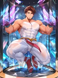 1boy abs ai_generated bara bare_pectorals bare_shoulders blue_eyes brown_hair bulge covered_abs erection facial_hair full_body goatee ice jar large_pectorals long_sideburns male_focus mature_male muscular muscular_male nipples oversized_object pectoral_cleavage pectorals scar short_hair sideburns skin_tight solo stable_diffusion stubble tentacle thick_thighs thigh_cutout thighs tight tight_pants