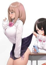 2girls ass cute_fang dat_ass kaisen_chuui pervert school_uniform skirt taking_picture unaware