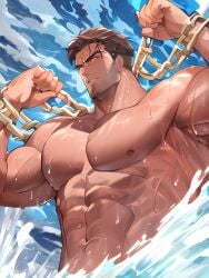 1boy abs ai_generated bara bare_pectorals biceps body_hair bound bound_wrists broken broken_chain brown_eyes brown_hair bulge chained chains chest_hair chest_harness collar completely_nude couple cuffs facial_hair forked_eyebrows hair_strand handcuffs hook large_pectorals long_sideburns male male_focus male_only mature metal_collar muscular muscular_male naked navel navel_hair nipples nude pectoral_press pectorals pool prison_clothes shackles short_hair sideburns slave solo solo_male stable_diffusion stomach stubble swim_briefs thick_thighs thighs topless topless_male upper_body water wet yaoi