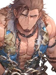 1boy abs ai_generated bara bare_pectorals brown_hair chains collar covered_abs facial_hair large_pectorals looking_at_viewer male_focus muscular muscular_male pectoral_cleavage pectorals simple_background solo stable_diffusion yellow_eyes