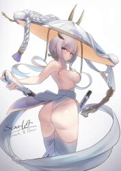 1girls artist_request big_ass big_breasts big_butt blush bubble_butt female female_focus female_only from_behind goddess_of_victory:_nikke hair_ornament happy hat huge_ass huge_breasts katana scarlet_(nikke) sideboob simple_background white_background white_eyes white_hair white_skin