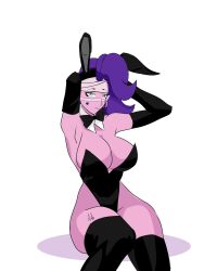 1girls bandaged_head big_ass big_breasts black_gloves black_stockings brawl_stars bunny_ears bunnysuit emz_(brawl_stars) huge_ass large_breasts long_gloves long_hair novatouwu purple_hair purple_skin stockings supercell thick_thighs turquoise_eyes white_background