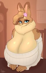 anthro big_breasts breasts clothed clothing female fur furry furry_only hazel_(shakotanbunny) huge_breasts large_breasts rabbit shakotanbunny solo topwear