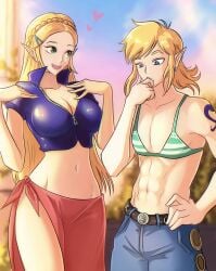 1boy 1girls big_breasts blonde_hair blue_eyes breasts breath_of_the_wild cosplay crossdressing curvaceous curvy female hourglass_figure large_breasts link link_(breath_of_the_wild) long_hair male nami_(one_piece)_(cosplay) nico_robin_(cosplay) one_piece opalisart princess_zelda sarong the_legend_of_zelda wide_hips zelda_(breath_of_the_wild)