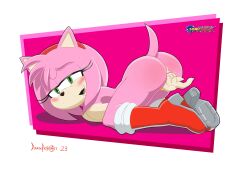 amy_rose anthro blush boots_only border deanprismart fingering_self looking_at_viewer masturbation pussy_juice_on_fingers solo sonic_(series) sweatdrop