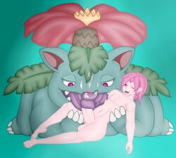 2020 anthro big_penis big_tongue bodily_fluids claws cum cum_on_face cumshot duo ejaculation fellatio female flower generation_1_pokemon genital_fluids hair hi_res human interspecies leaves long_tongue male mammal maxhe nintendo nude_male oral pink_eyes pink_hair pokemon pokemon_(species) pokephilia purple_tongue sex size_difference tongue tongue_out tonguejob venusaur vetraxus