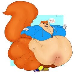 1boy anthro ass belly blue_eyes cellulite cleavage conker conker's_bad_fur_day english_text fatfur furry gloves haradoshin hips hyper hyper_fat jacket large_ass lips male male_focus male_only moobs nintendo orange_fur overweight overweight_male rareware squirrel squirrel_humanoid squirrel_tail stomach sweat sweaty_body tan_fur text thick_thighs thighs tongue tongue_out vore wide_hips zipper zipper_pull_tab