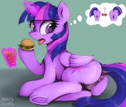 2023 absurd_res alicorn animal_genitalia animal_pussy anus ass cutie_mark digital_media_(artwork) dosh equid equine equine_genitalia equine_pussy eyelashes female feral food friendship_is_magic fries genitals hasbro hi_res hooves horn mammal my_little_pony open_mouth purple_eyes pussy question_mark solo tongue twilight_sparkle_(mlp) underhoof wings