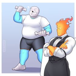 2boys 2d bara buff chubby chubby_male color commission gay grillby impressing male male/male male_only monster monster_boy muscles muscular muscular_male redeyedgazer sans undertale undertale_(series)