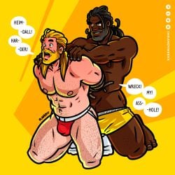 2boys anal asgardian dark-skinned_male dark_skin gay heimdall heimdall_(marvel) human human_only interracial jockstrap jockstrap_only light-skinned_male light_skin male male/male male_only male_penetrated marvel marvel_cinematic_universe randyslashtoons thor_(marvel) thor_(series) underwear yaoi