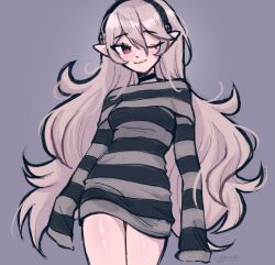 1girls 2020s 2023 alternate_costume artist_name artist_signature black_hairband black_sweater blush breasts corrin_(female)_(fire_emblem) corrin_(fire_emblem) corrin_(fire_emblem)_(female) cute dress english_commentary female female_only fire_emblem fire_emblem_fates grey_background grey_sweater hair_behind_ear hairband headband highres long_hair long_sleeves looking_at_viewer medium_breasts megrocks nintendo no_pants one_eye_closed pointy_ears purple_eyes red_eyes shiny_skin silver_hair simple_background sleeves_past_fingers sleeves_past_wrists smile solo striped striped_sweater sweater sweater_dress very_long_hair wink