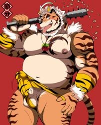 anthro balls barazoku bearlovestiger13 belly black_markings blush bottomwear bulge clothed clothing club_(weapon) digital_media_(artwork) felid fur genitals hair hi_res hombretigre horn humanoid_genitalia humanoid_hands humanoid_penis japanese_text kemono lifewonders looking_at_viewer male mammal markings melee_weapon muscular muscular_anthro muscular_male navel nipples orange_body orange_fur pantherine partially_clothed pecs penis pubes setsubun simple_background solo text tiger tokyo_afterschool_summoners tongue tongue_out underwear weapon