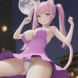 1girls ai_generated animal_ears bangs blurry_background blush breast cat_ears depth_of_field female female_only flashing hair_between_eyes looking_at_viewer moon_in_background pink_hair purple_and_white_dress purple_eyes pussy short_twintails smile solo underwear undressed