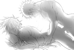 2boys anal ass back bed blush closed_eyes completely_nude couple gay hatake_kakashi hugging_object kakashi_hatake male male_focus male_only multiple_boys naruto naruto_(series) naruto_shippuden nude open_mouth penis pillow pillow_hug prone_bone scar scar_across_eye sex sex_from_behind short_hair siinnk sweat tongue tongue_out uchiha_obito yaoi