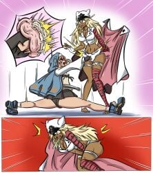 1boy 1futa ballbusting big_breasts blonde_hair bridget bridget_(guilty_gear) bursting_testicles castration clothing cock_and_ball_torture dark-skinned_futanari dark_skin femboy futanari futanari_ballbusting guilty_gear guilty_gear_strive guro light_skin ocigart pain popped_balls punching_balls ramlethal_valentine tears testicles vomit x-ray